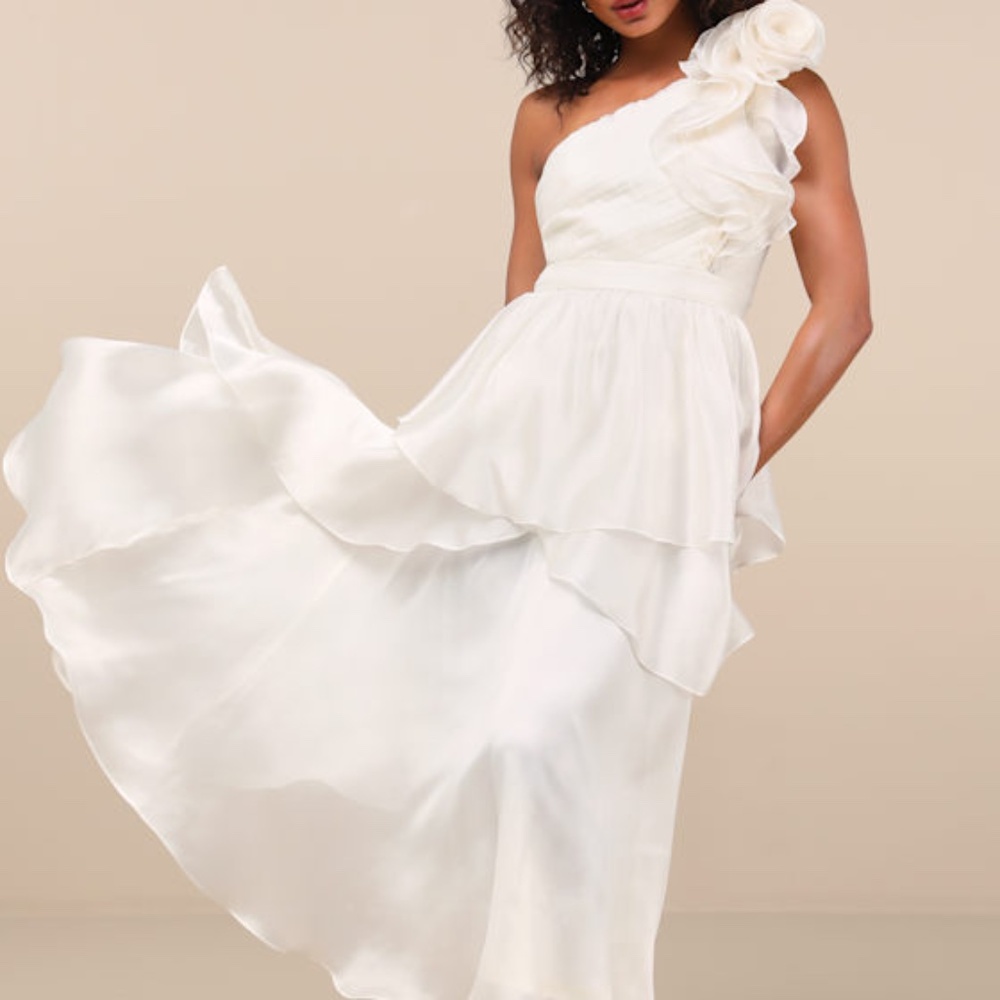 Lulus Lanelle Ivory Ruffled One-shoulder Midi Dress White - Size S